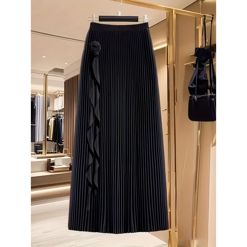 

Tinaa Black Pleated Skirts Women 2026 New A-line High Waist Chic 3D Flower Night Out Elegant Long Skirt Woman Clothes 195248