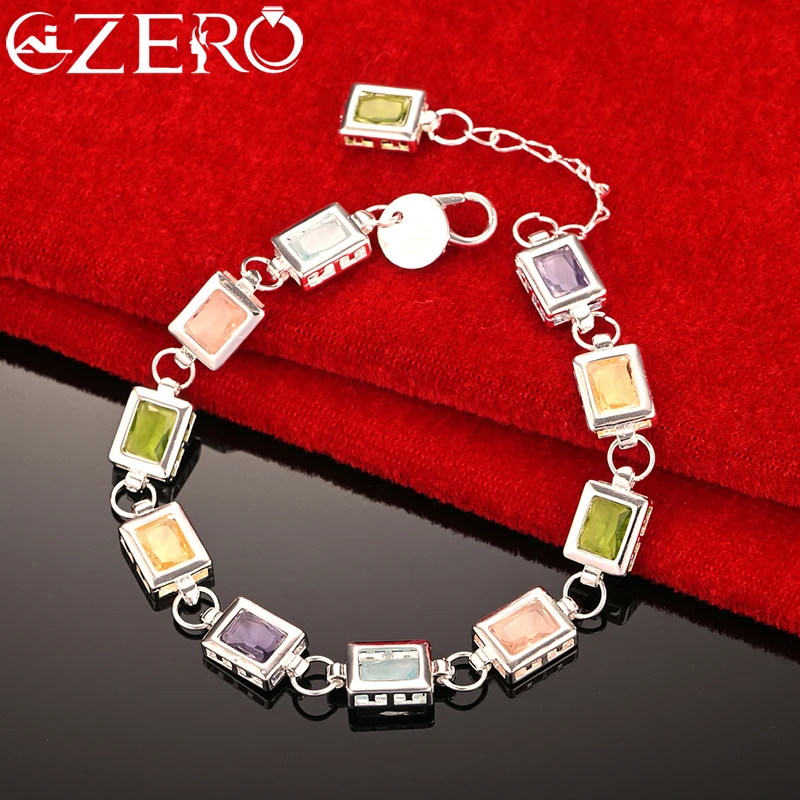 ALIZERO 925 Sterling Silver Multicolour Crystal Chain Rainbow Zircon Bracelet For Woman Fashion Charm Wedding Party Jewelry Gift