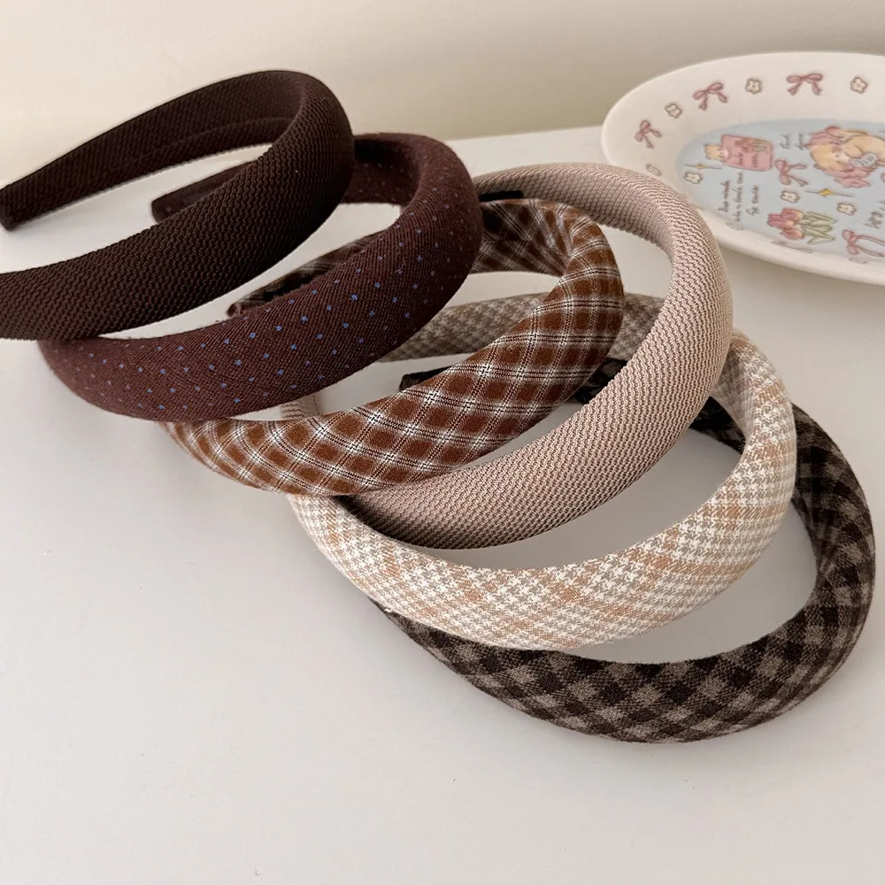 Autumn Warm Maroon Thick Padded Headbands Wide Vintage Plaid Hair Hoop Comfy & Non-slip Hairband Women's High Crown Headpiece