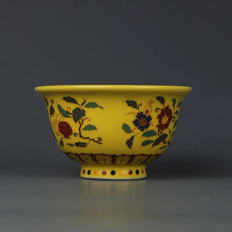 Chineses Colour Enamels Porcelain Yellow Ground Pomegranate Flower Cup