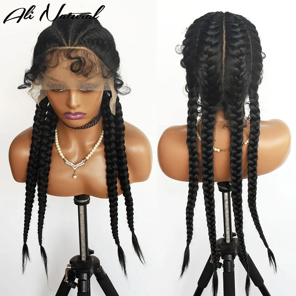 Hand-Braided Black Synthetic Lace Front Wig With Baby Hair Wholesale Cornrow 4 Dutch Braid Lace Wigs For Black Women Afro Wig