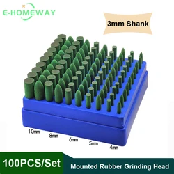 100pcs Abrasive Rubber Mounted Points 3mm shank Grinding Polishing Buffing Wheel Burr Electric Grinder for Dremel Rotary Tools