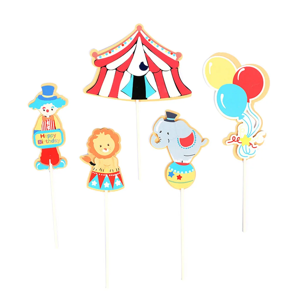 

5pcs Circus Clown Balloons Pattern Cake Topper Funny Acrobatics Dessert Insert Fruit Picks Cupcake Decor for Festival Party