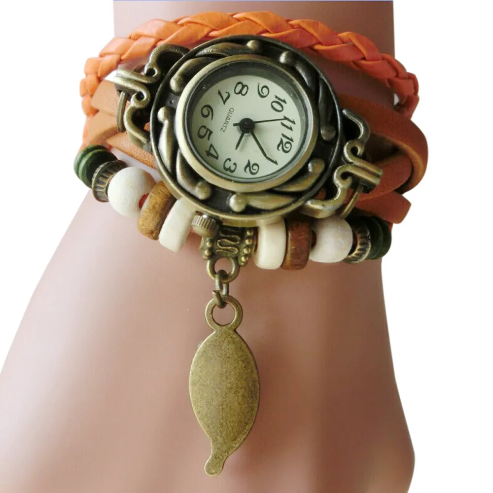 Relojes de pulsera de cuerda de cuero Retro para Mujer, Reloj colgante de hoja, relojes de pulsera de cuarzo casuales, moda