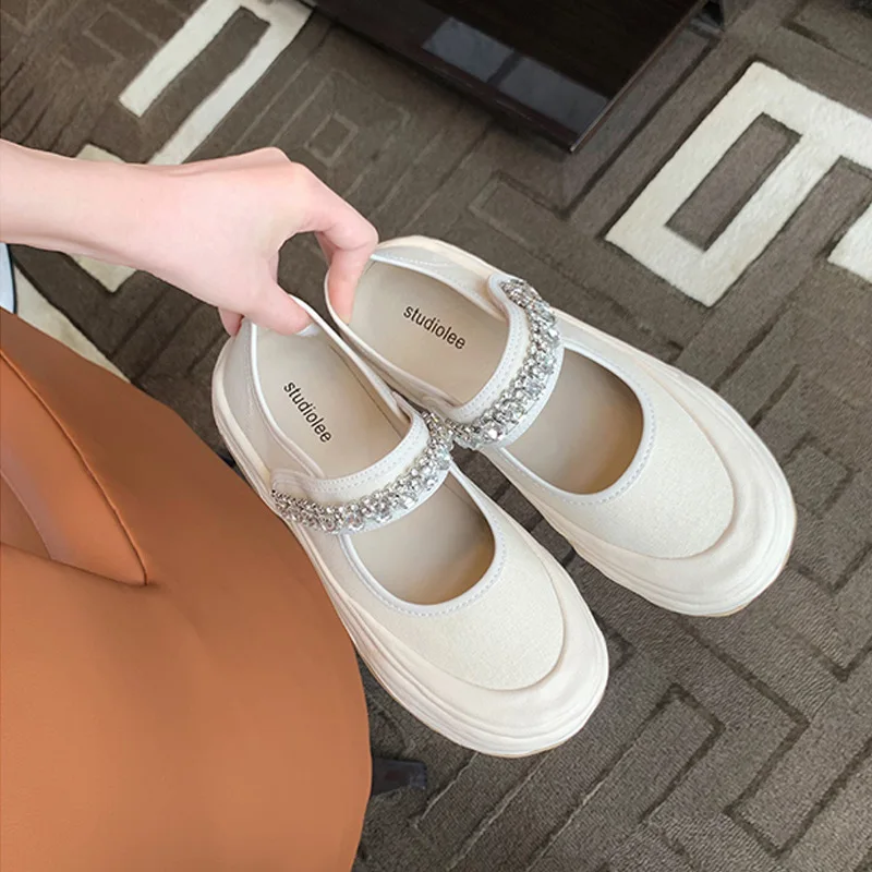 Sepatu wanita kasual sepatu Platform kristal bulat kaki sepatu wanita Creepers Musim Panas Espadrille gaun berlian imitasi kanvas PU padat L