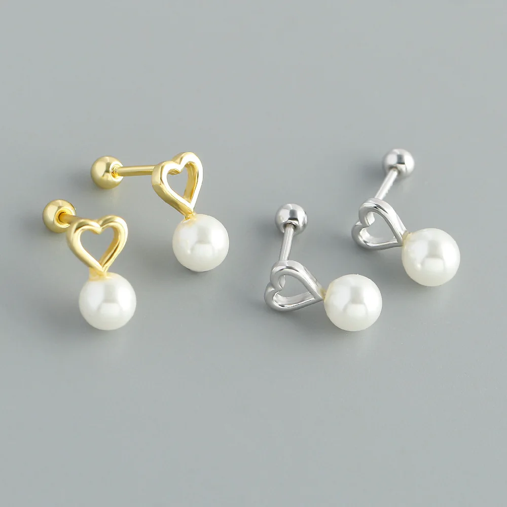 

CCFJOYAS 925 Sterling Silver Hollow Heart Pearl Stud Earrings for Girl European and American Ear Bone Piercing Earrings Gift