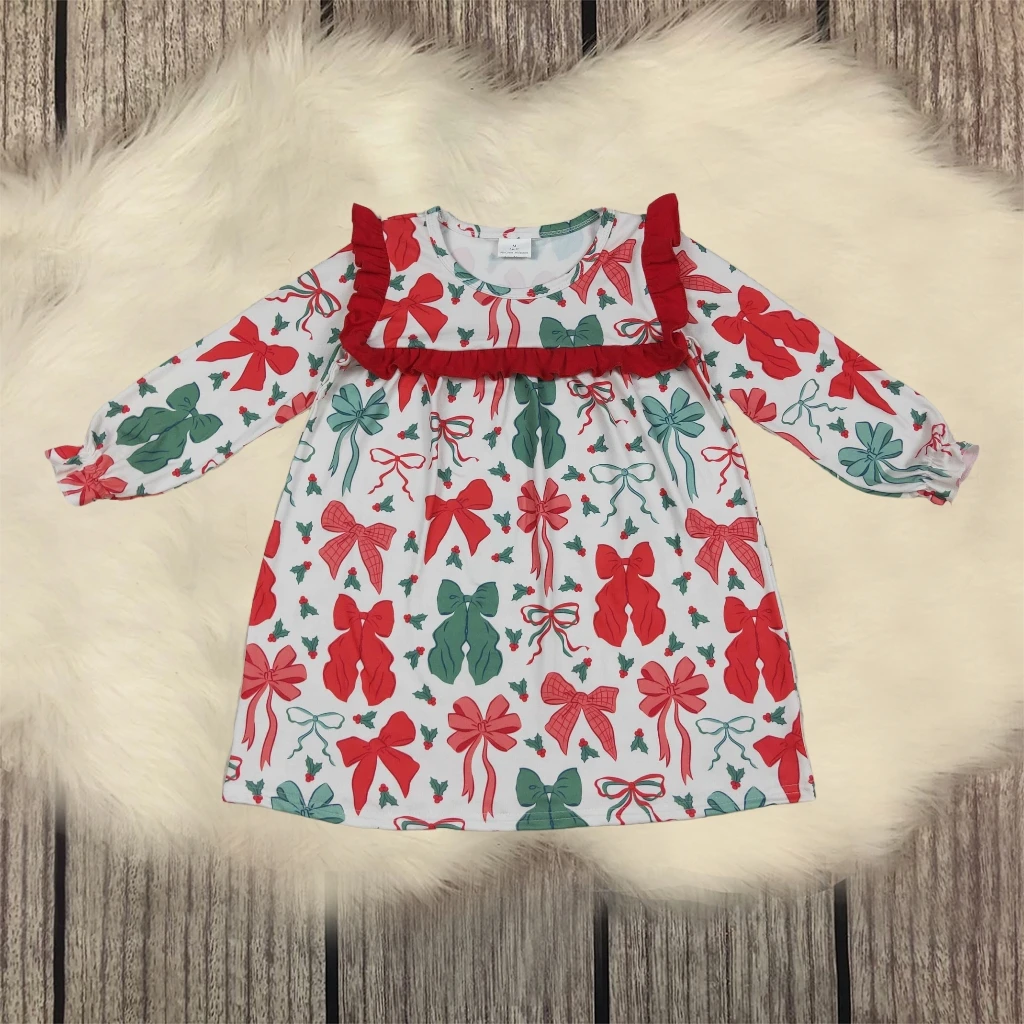 

Children Kids Knee Length Dress Baby Girl Long Sleeves Ruffle Red Green Bows Infant Clothes Toddler Christmas Boutique Clothing