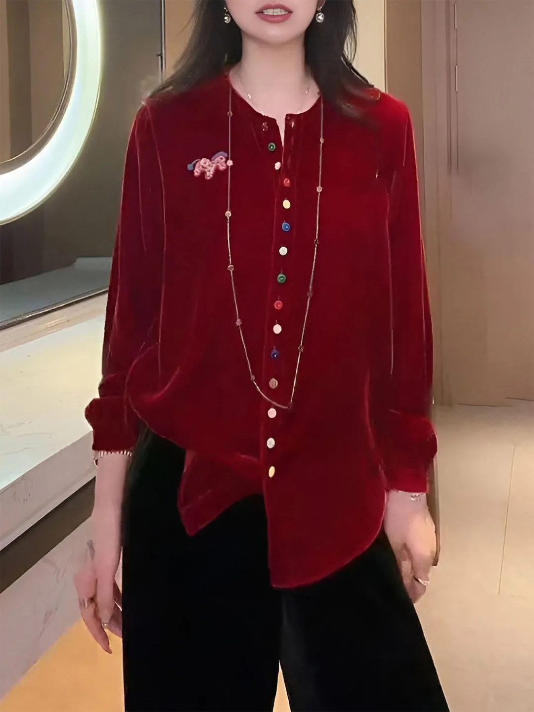 

Single-Button Long-Sve round Ne irt Women's Autumn Winter Loose Comfortable Vintage Sle Casual Top