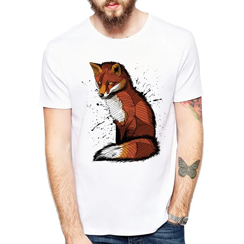 Summer Tops 2024Animal T-Shirt Men Clothing Harajuku Stain Fox Short Sleeve manga White T Shirt Hand-painted illustrations Tee