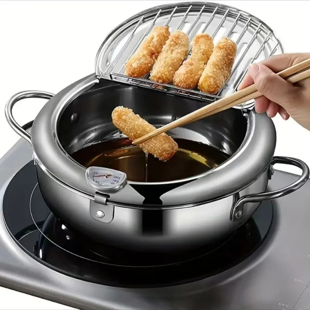 Stainless Steel Frying Pan with Lid, Temperature Control & Oil Drip Rack, Multi-Use Skillet for Frying Chips, Chicken, Compatible with Gas & Induction Cooktops view 8