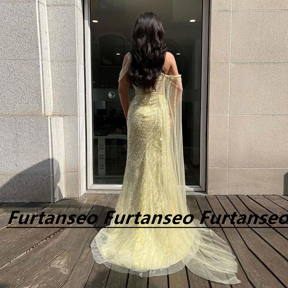 Elegant Lace Mermaid Party Gown Off The Shoulder High Split Shawl Yellow Luxury Ladies Formal Occasion Vestidos Para Mujer Gala