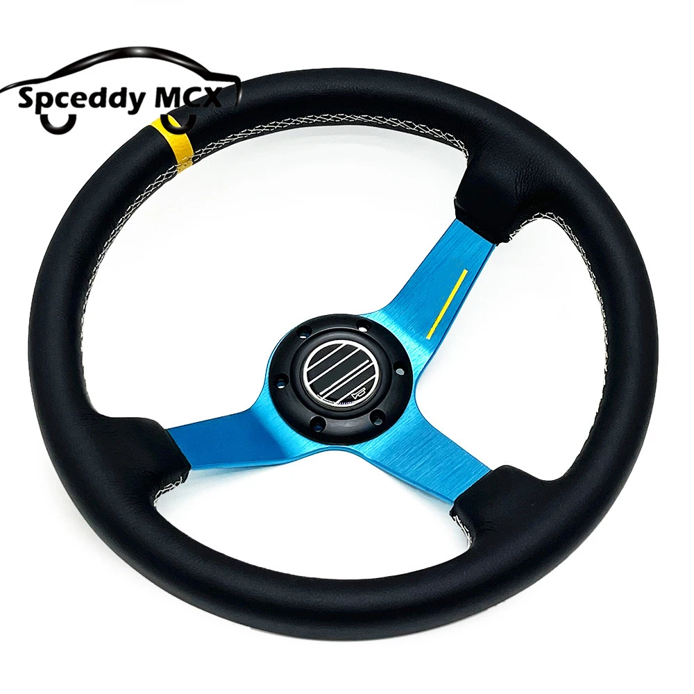 14inch/350mm Real Leather Racing Sport Steering Wheel Deep Dish Black Blue
