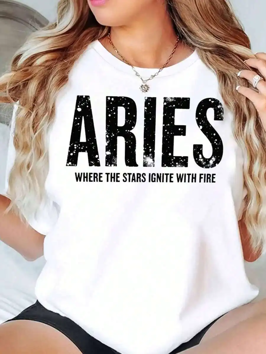 

Aries Where The Stars Ignite With Fire Print Women Loose Fit Round Neck Casual T Shirt