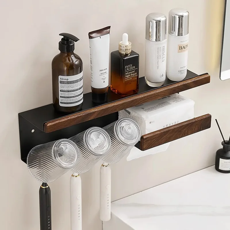 Walnut bathroom rack toothbrush cup storage rack wall mounted toothbrush holder