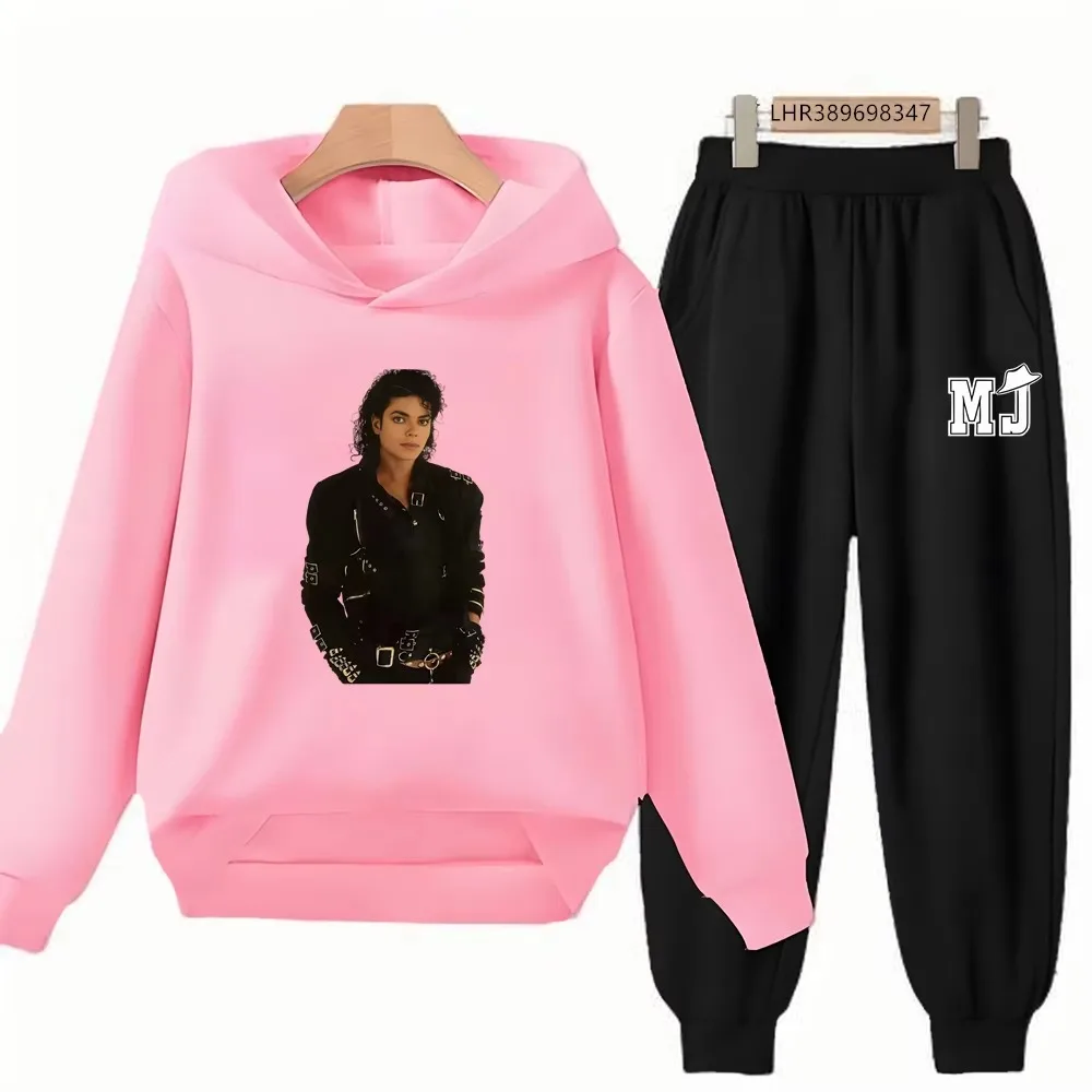 Michael Jackson Print Kinder-Hoodie+Hosen-Set Schwarz 3-12 Jahre Mädchen Rosa Sweatshirt-Sets Jungen Hosenanzüge Herbstkleidung – Detail 9