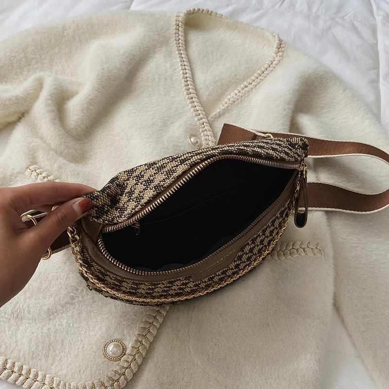 Fashion Leopard Houndstooth Women Waist Bag Phone Purses Ladies Chest Wide Strap Crossbody Shoulder Bags Small Chain Fanny Packs