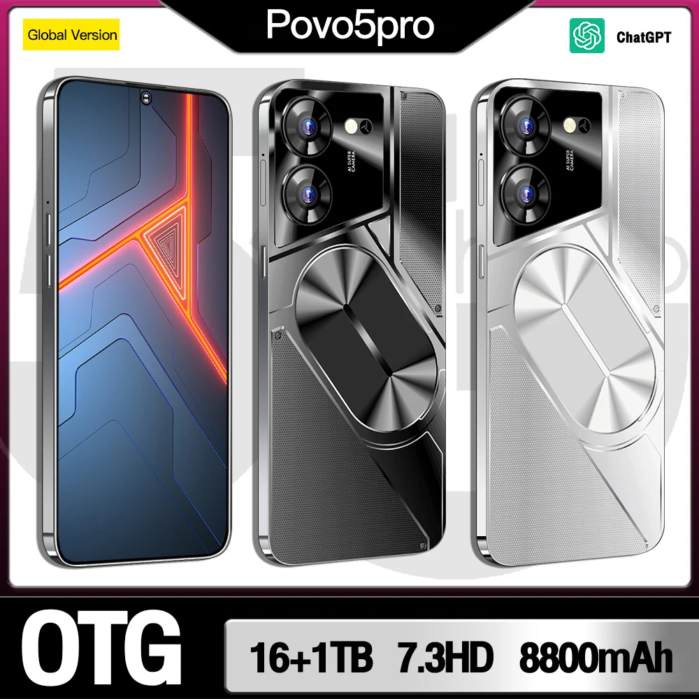 

2024 Original Povo5pro Smartphone 5G 7.3" Full Screen 8800mAh Snapdragon 8 gen3 Camera 108MP Android Phone Unlocked celular