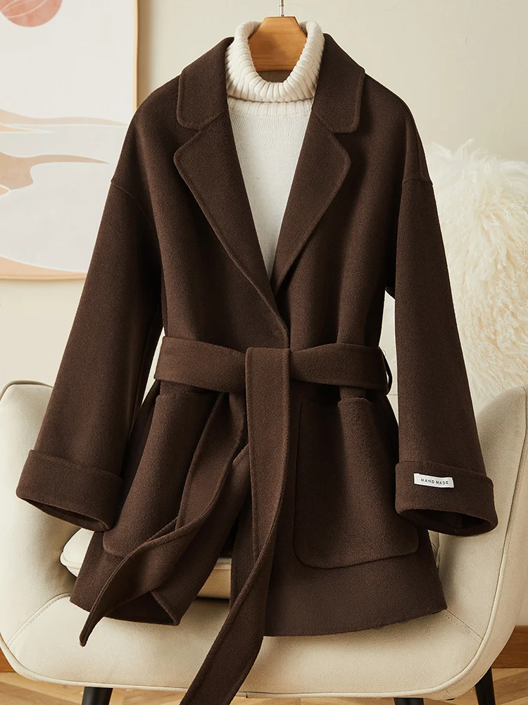 Double sided woolen coat for petite women, high-end lace up bathrobe short, 2024 winter new woolen coat