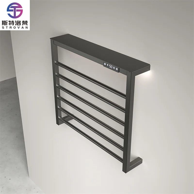

Digital Display Thermostat Heated Towel Rail Wall Mount Black Bathroom Towel Rack Shelf