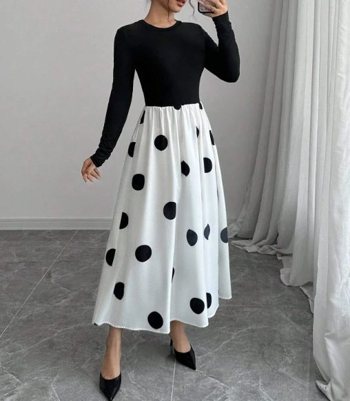 

French Elegance Women's Dresses O-Neck Long Sleeve Patchwork Fashion Polka Dot Dress Temperament Womens Elegant High Waist Dress