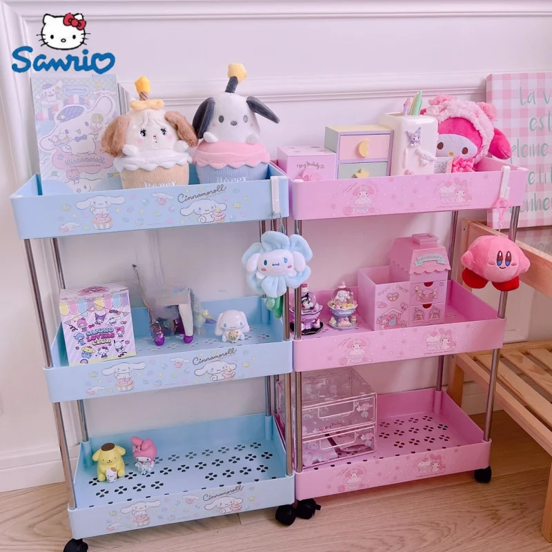 

Kawaii Sanrio Kt My Melody Cinnamoroll Cartoon Three-tier Wheeled Rack Anime Girl Heart Floor Trolley Storage Rack Mobile Gift