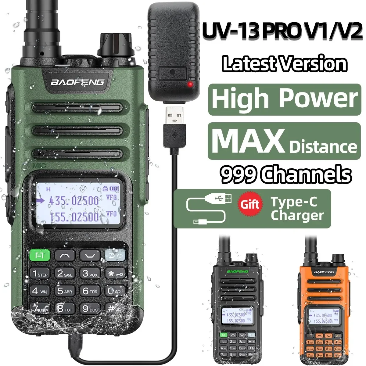 BaoFeng UV-13 Pro V2 V1 High Power Dual Band Walkie Talkie Type C Charger 16 KM Long Range UV13 Transceiver Ham Two Way Radio