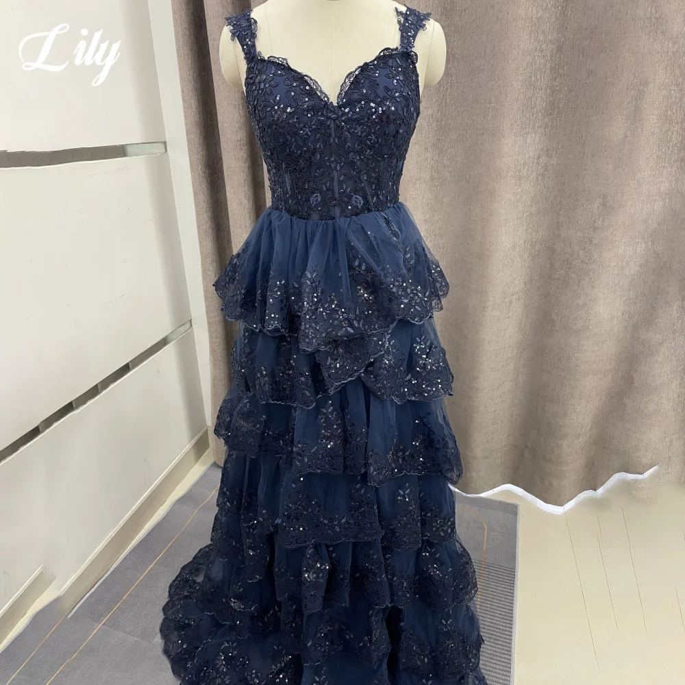 Lily Navy Blue A Line Formal Dress Tiered Sweetheart Party Dress Pleats Spaghetti Strap Special Occasion Dress 프롬 드레스 Customized - Image 3