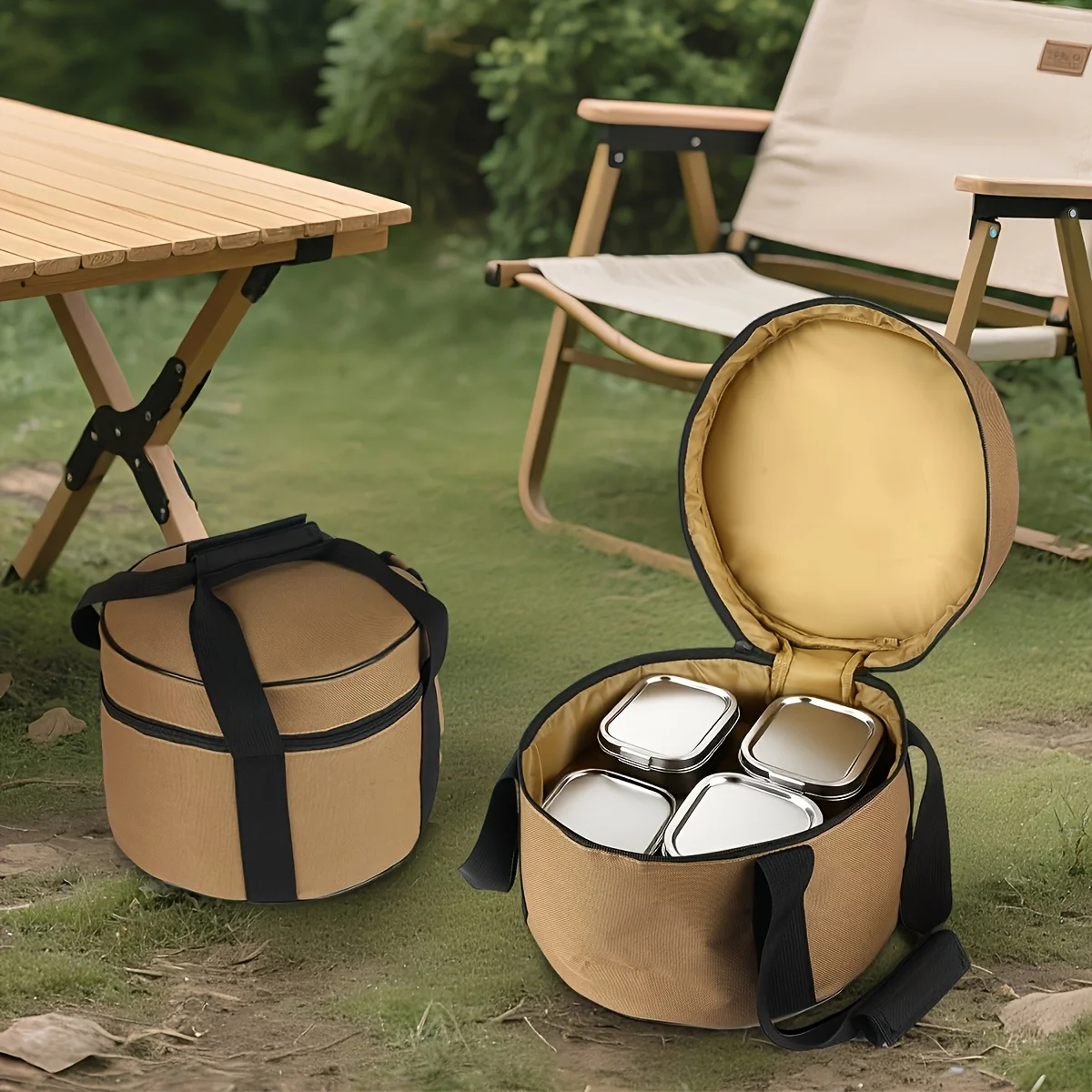Outdoor camping picnic bag round storage box barrel storage bag multi-functional portable sundry bag, outdoor refrigerated lugga