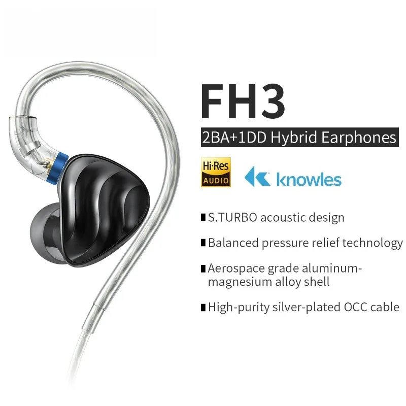 FiiO FH3 2BA+1DD Knowles Beryllium-plated Dynamic Hybrid Driver in-ear Earphone IEM S.TURBO Acoustic Design Alloy Shell MMCX