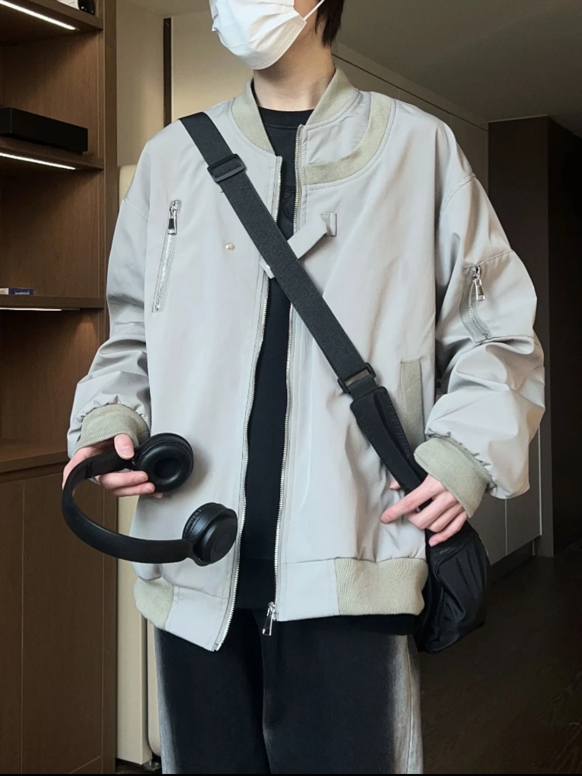 

Loose Versatile Baseball Sle Pilot Jaet Outerwear Casual Fit Stand Sve Long Zipper Closure Youth Men's Faion Jaet