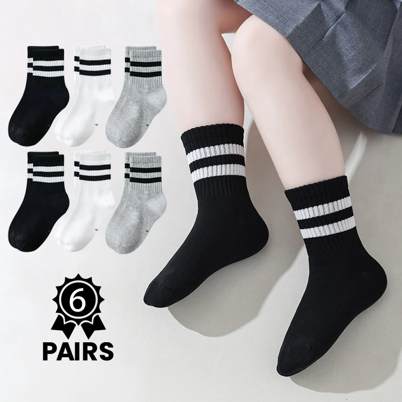 6 Paar Kinder-Freizeitsocken-Set in Grundfarben Schwarz Weiß Grau mit Doppelstreifen für die Schule