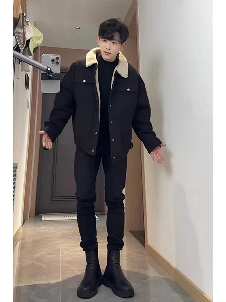 

Мужская джинсовая куртка на меху из овчины, осенне-зимняя, модная, в стиле ретро, американский хлопок, свободный крой, длинный рукав, застежка-молния