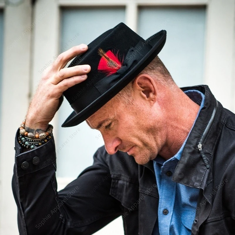 

Men's Pork Pie Hat with Feather Wool Felt Fedora Porkpie Hats
