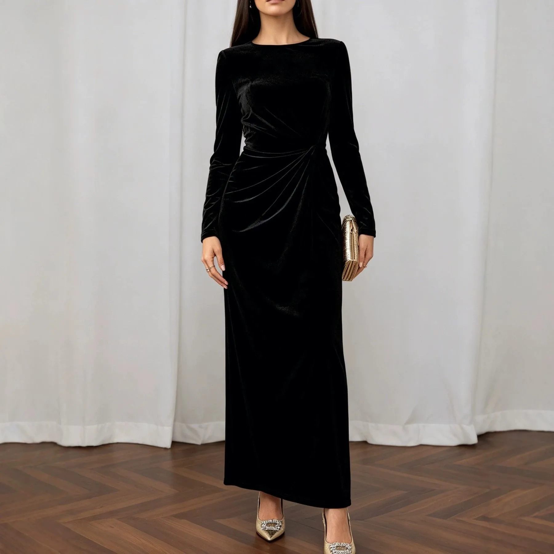 Long Sleeve Round Neck Dress Mid Waist Socialite Style with Long Sleeves Slim Fit Elegant Bodycon Dress Summer for Women