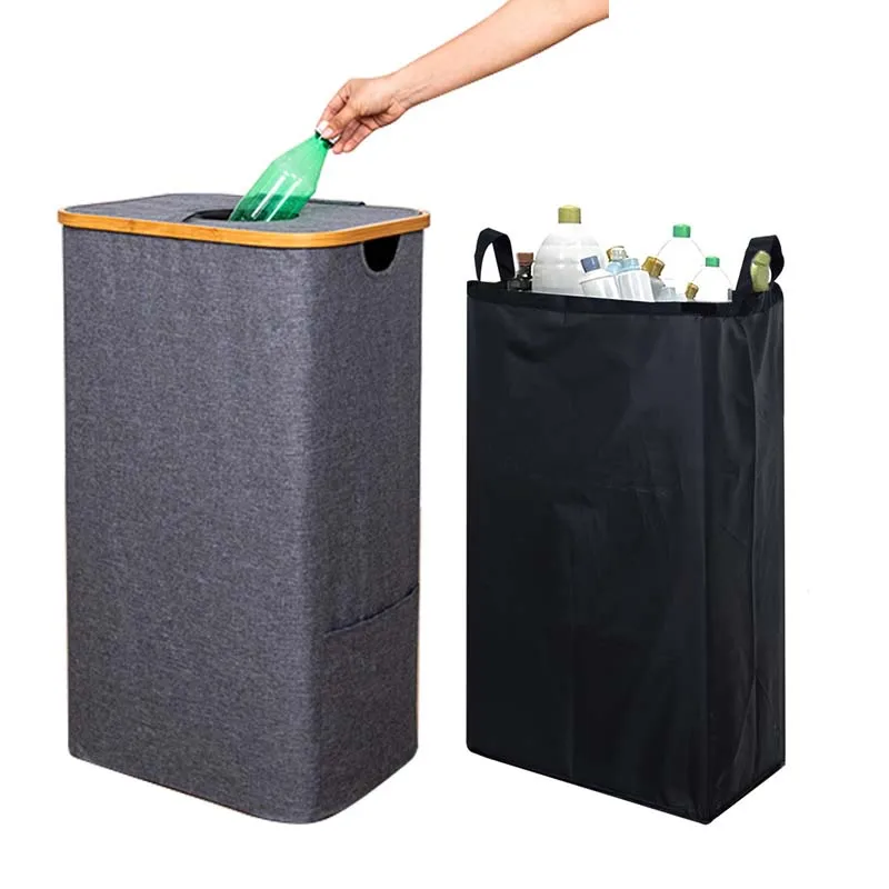 

Eco-Friendly Kitchen Recycling Bin With Lid And Detachable Inner Bag, Removable Bottle Storage Baskets Recyclable Organizer For