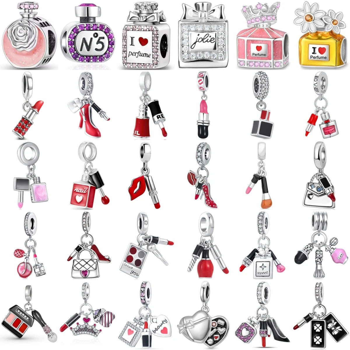 925 Sterling Silver Beauty Makeup Theme Charm Beads Perfume Bottle Lipstick High Heel Bead Fit European Bracelet DIY Jewelry