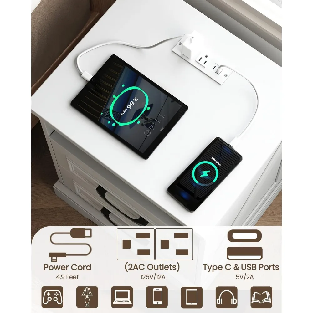 قطعتان من منضدة المزرعة مع قاعدة شحن، طاولة بجانب السرير من الخشب الريفي مع درجين ورف تخزين، حامل ليلي مع Ty