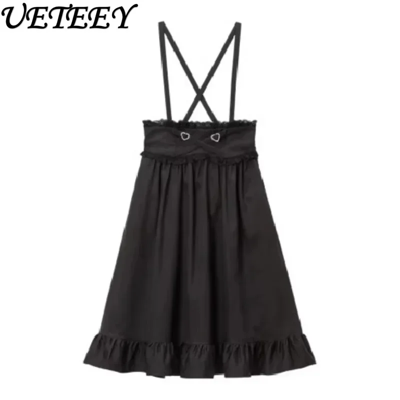 Japanese Mine Style Mass-Produced Waist Black Skirts Sweet Cute Girls All-matching Kawaii Slimming Pleated Suspender Skirt