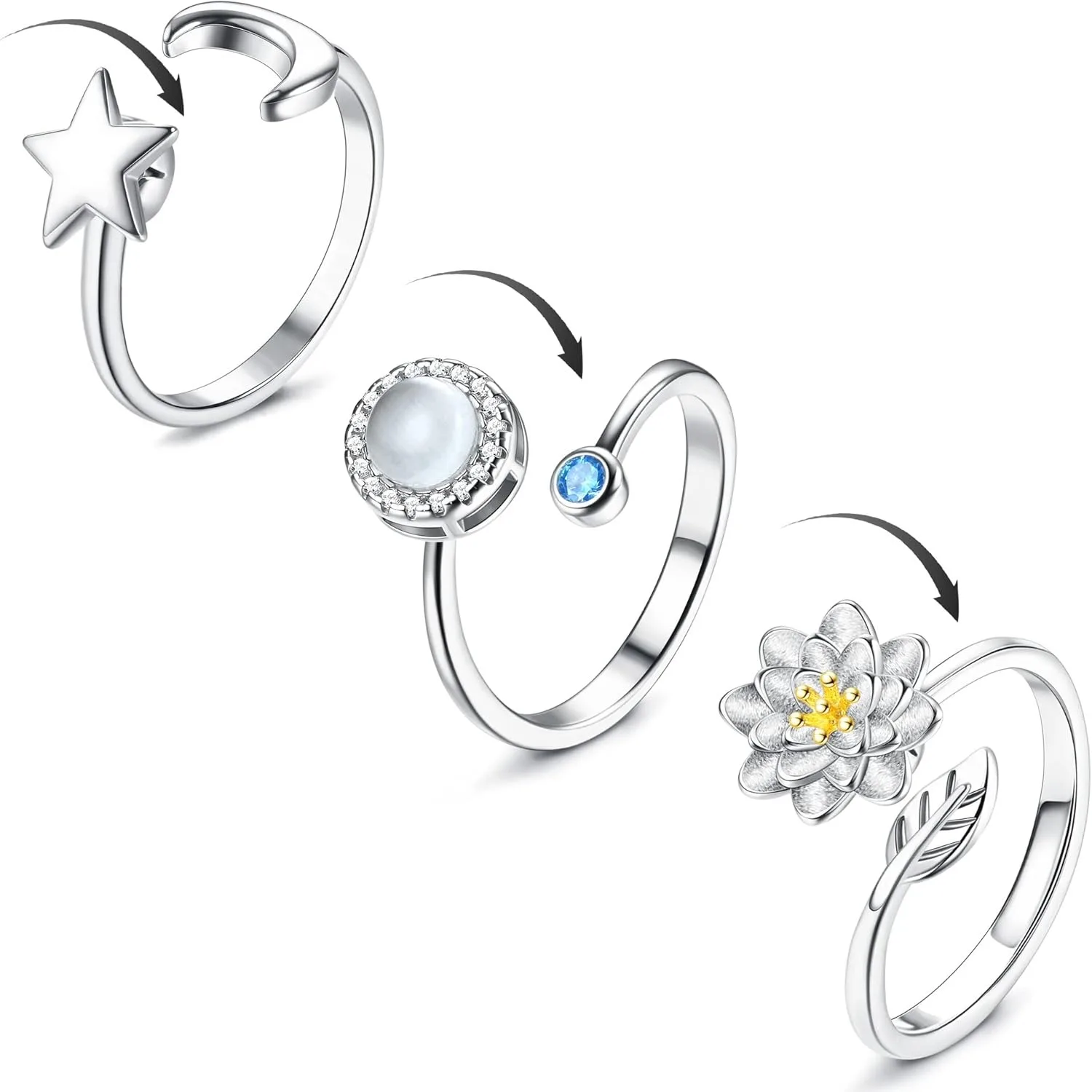 

Bobisty 3Pcs Fidget Anxiety Rings for Women Adjustable Cubic Zirconia Flower Sunflower Stress Relief Spinning Stackable Ring Set