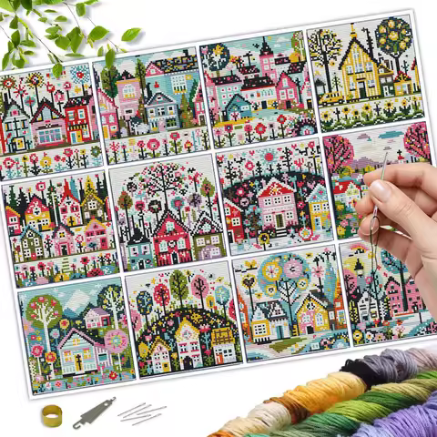 EverShine 12Pcs MINI Cross Stitch Kit House Tree DIY Embroidery Cartoon Landscape 11ct Medium Grid Printed Canvas Home Decor