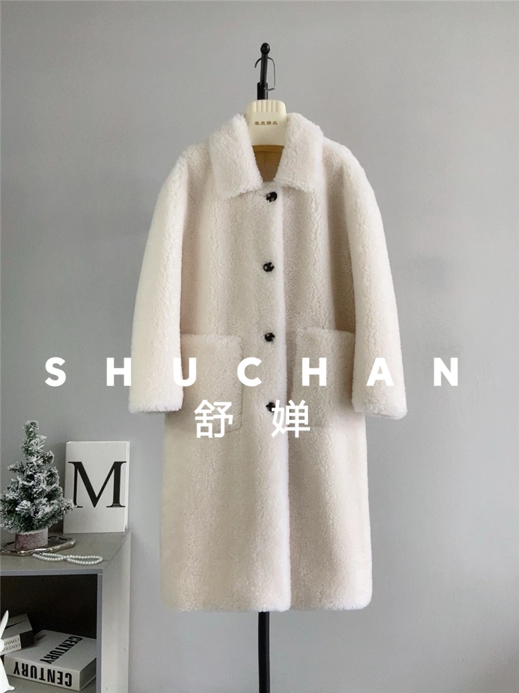 Cappotto di lana 100% Donna Nuovo caldo Tosatura delle pecore Cappotto monopetto con risvolto lungo Lana di agnello Casaco Feminino Inverno 2025