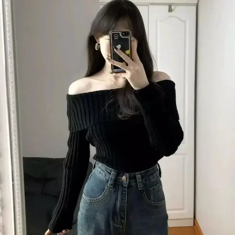 Off Shoulder Women\'s Sweater Korean Fashion Autumn Black Knitted Sweaters Long Sleeve Female Elegant Pullovers Sexy Jumper