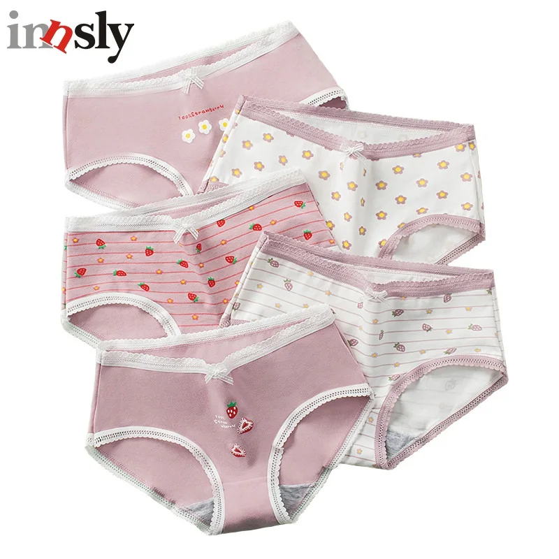 

Innsly Cartoon Young Women's Briefs Cute Strawberry Flowers Lace Panties Soft Cotton Female Underpants Girls Underwear