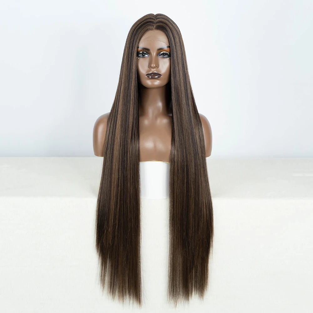 Synthetic Lace Front Wigs Long Straight Lace WIg 38Inch Highlight Brown Blonde Black Wig For Women  Synthetic Heat Resistant Wig