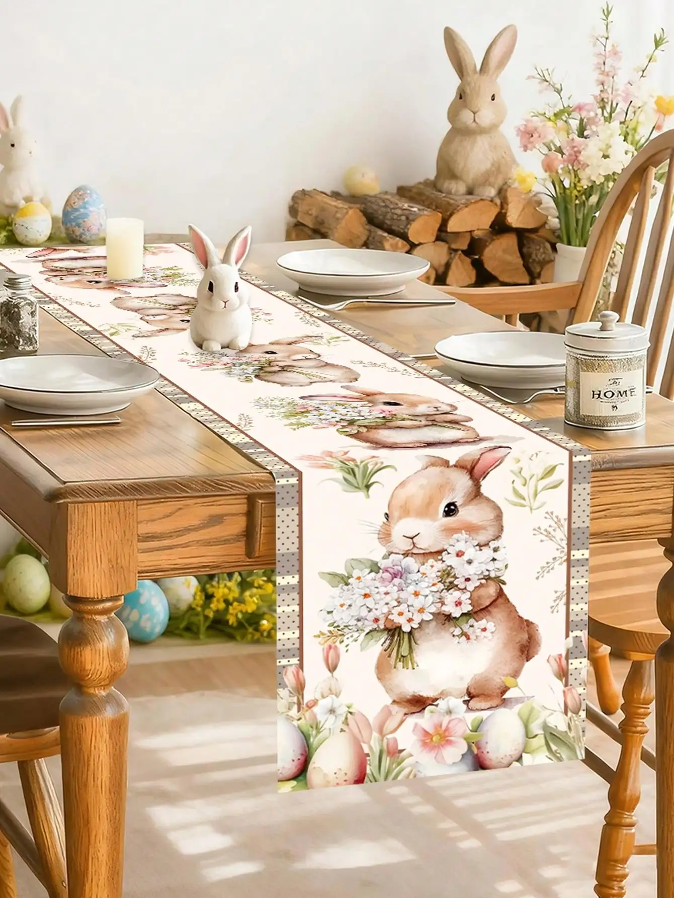 1 Piece Watercolor Cute Rabbit Holding Flowers Table Runner Easter Decoration Table Runner Luxury Gold-Edged Table Runner Home Party Table Decoration Supplies
