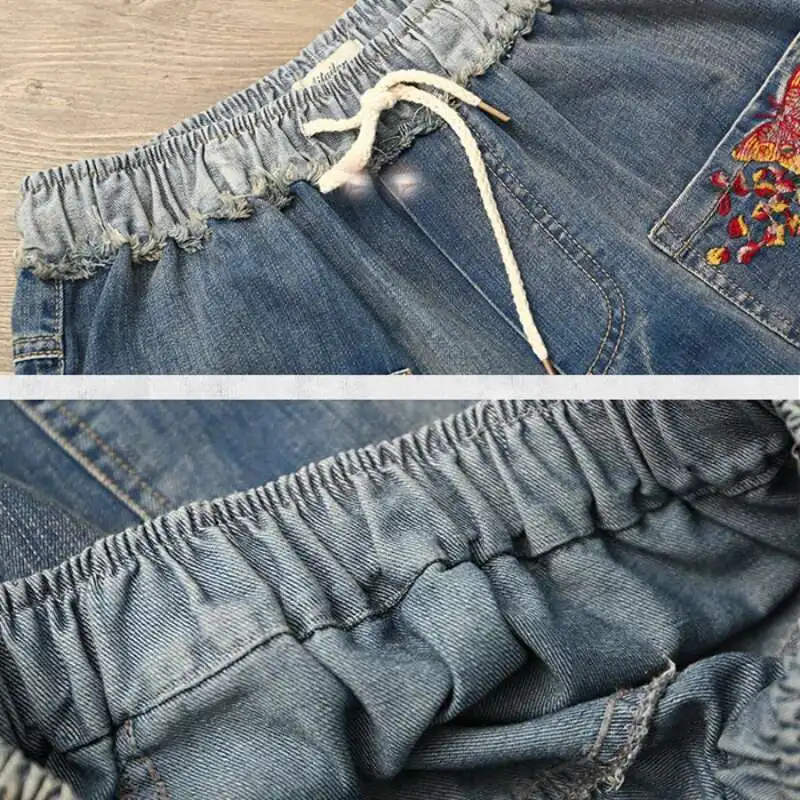 Women Jeans Pants Summer Vintage Floral Embroidery Casual High Waist Baggy Jeans Femme Light Blue Denim Harem Pants