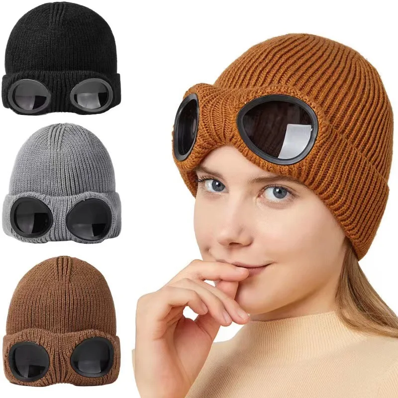 2023New Women Man Windproof Glasses Hat Wool Winter Fashion Gorros Cap Fixing Stacking Knitted Hats Women Personality Ski Cap