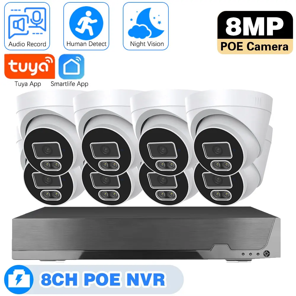

8CH 4K POE NVR Tuya H.265 Kit Human Motion Detection Audio Record Dome Indoor CCTV Security IP Camera Video Surveillance Set