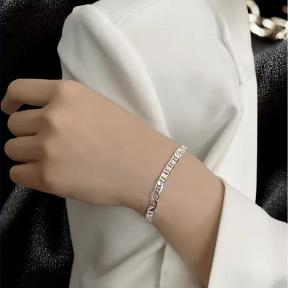 Simple Bracelet 925 Sterling Silver Gold Plated Women's Bracelet 6mm Flat Chain  Jewelry Luxury Dinner Party Engagement Jewelry