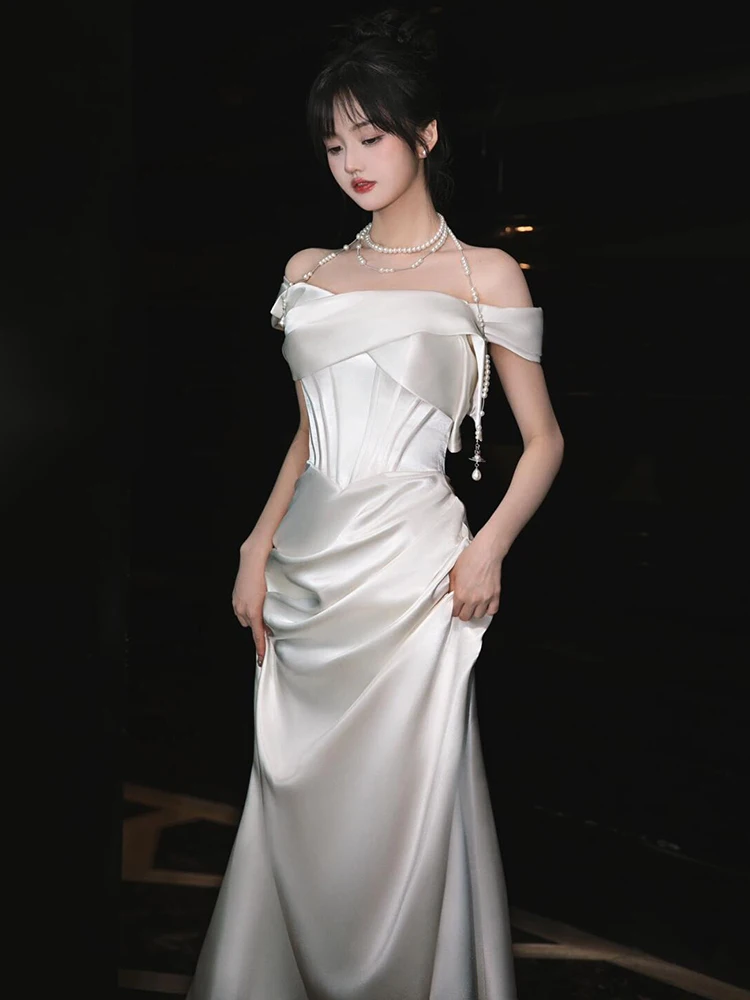 Ele boda de un solo hombro Dr coreano Sle Fi-tail vestido de noche invitado nupcial Dr falda larga sin mangas fibra de poliéster